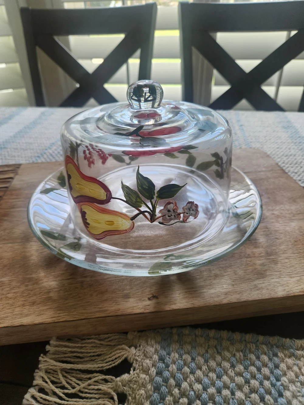 Vintage Hand Painted Glass Covered Cake Plate Cheese Fruit Dessert Dome Cloche